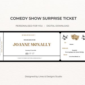 Entrada personalizada para espectáculo de comedia, presentación sorpresa (imprimible)