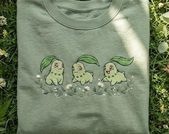Custom Grass-Type Poka Embroidered Sweatshirt, Cute Poka Crewneck, Kawaii Anime Embroidery Shirt, PKM T-shirt, Gamer Gift.