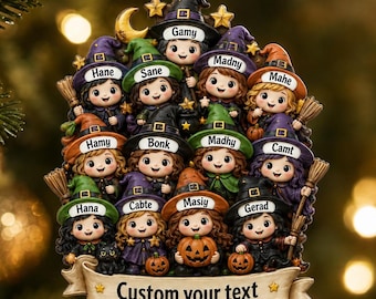 Personalized Halloween Witch Family Ornament, Custom 3D Acrylic Witch Decor, Up to 30 Members, Custom Name Spooky Family Keepsake Gift