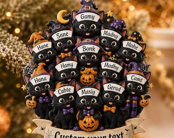Personalized Halloween Cat Ornament, Custom Family Black Cat 3D Acrylic Ornament, Up to 30 Members, Spooky Family Keepsake Gift