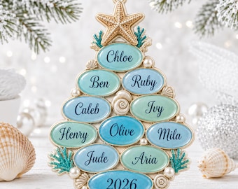 Personalized Family Sea Glass 3D Ornament, Custom Name Christmas Tree Decor, Beach Theme Family Keepsake, 3D Relief Acrylic Ornament