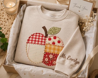 Personalized Teacher Sweatshirt, Patchwork Apple Applique Crewneck, Custom Name Sleeve, Back to School Teacher Gift