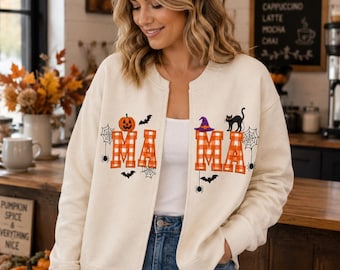 Embroidered Spooky Mama Sweatshirt Cardigan, Gingham Applique Halloween Crewneck, Custom Fall Mom Shirt, Ghost Bat Coquette Autumn Gift