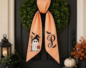 Custom Embroidery Halloween Ghost with Bat Name Sash, Embroidery Monogram Spooky Bow, Custom Name Gingham Ribbon, Halloween Front Door Decor