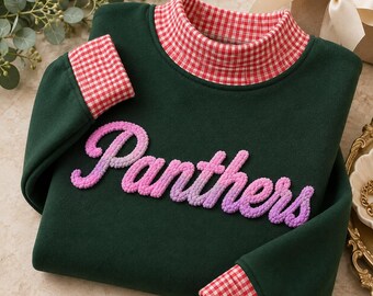 Personalized Yarn Gingham Mock Neck Sweatshirt, Custom Team Spirit Chenille Yarn Embroidery, Game Day Shirt , Football Sports Team Crewneck