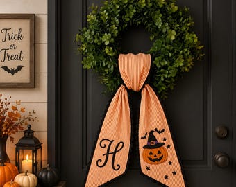 Fantasma di Halloween ricamato su misura con pipistrello e fascia con nome, monogramma ricamato con fiocco spettrale, nastro a quadretti personalizzato con nome, decorazione di Halloween per la porta d'ingresso.