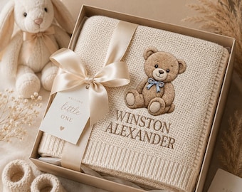 Personalized Embroidered Teddy Bear Baby Blanket with Name - Custom Knit Newborn Gift, Gift For Baby, Nursery Keepsake, Newborn Gift