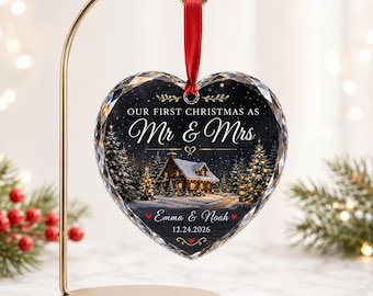 First Christmas Married Ornament, Custom Mr and Mrs Keepsake Personalized Winter Cabin ornament Newlywed Gift, Couple Ornament Gift for Wife