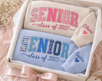 Senior Applique Sweatshirt Class of 2027, Personalized Graduation Crewneck, Custom Name Sleeve, Patchwork Senior Gift
