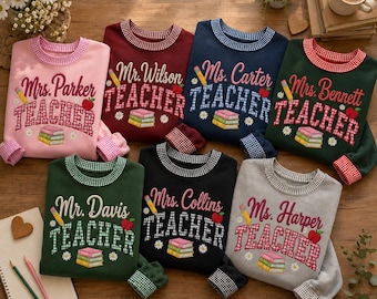 Personalized Gingham Teacher Embroidered Sweatshirt, Custom Gingham Crewneck, Teacher Name Shirt, Back To School, Teacher Appreciation Gift