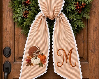 Fall Kick Off Wreath Sash, Football Pumpkin Embroidered Ribbon, Personalized Monogram Front Door Decor, Custom Logo And Text