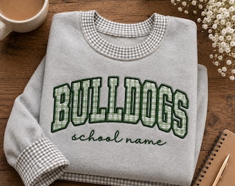 Embroidered Custom School Name Gingham Applique Sweatshirt, Personalized High School Spirit T-Shirt, Game Day Mascot Outfit, College Apparel