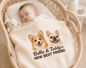 Custom Embroidered Dog Portrait Baby Blanket, Personalized Pet Photo Nursery Throw, New Best Friend Pet Pregnancy Gift, Pet Lover Baby Gift