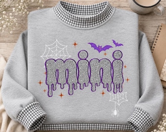 Embroidered Personalized Halloween Gingham Mock Neck Sweatshirt, Custom Name Drip Glitter Applique Text Pullover, Spooky Season Fall Gift