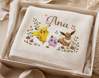 Spersonalizowany kocyk dla dziecka Poke, dzianinowy kocyk z haftowanym imieniem, prezent na baby shower