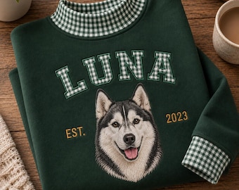 Personalized Gingham Mock Neck Sweatshirt, Custom Pet Portrait Embroidered Sweatshirt, Personalized Embroidered Dog Hoodie,Dog Face Crewneck