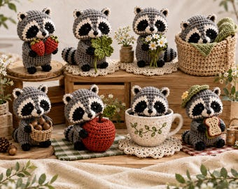 Peluche all'uncinetto di Jimothy il procione, scegli il tuo modello amigurumi a tema bosco, giocattolo a forma di procione fatto a mano, simpatico regalo a tema animale del bosco