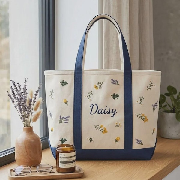 Personalized Wildflower Boat Tote Bag, Embroidered Floral Canvas Tote, Custom Name Tote Bag, Botanical Gift for Women