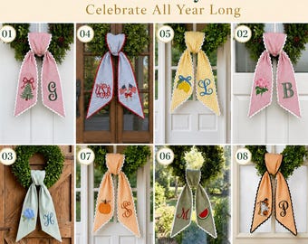 All-Season Wreath Sash Bundle, Choose 4, 6 or 8 Year-Round Holiday & Everyday Door Decor, Custom Monogrammed Wreath Sashes, With Ric Rac