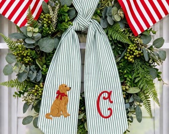 Embroidered Dog Breed Stripe Monogram Wreath Sash, Custom Initial Pet Lover Decor, Dog Monogram Bow Decor Wreath Sash