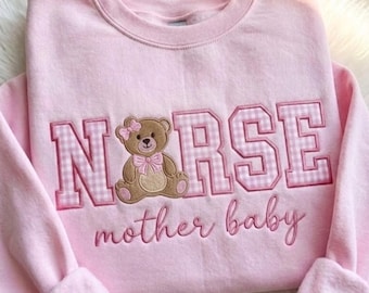 Mother Baby Nurse Pink Gingham Applique Embroidery Sweatshirt, Mother Baby Unit Crew, New Nurse Shirt