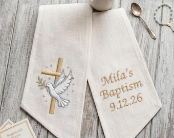 Personalized Baptism Sash for Wreath, Custom Embroidered Dove and Cross Bow, Baptism Gift, White Linen Religious Keepsake Decor Bow