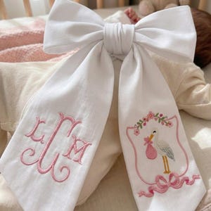 Personalized Baby Name Sash, Embroidered Stork Bow Sash, Custom Newborn Hospital Door Hanger, Baby Girl Keepsake Bow, Nursery Decor Gift