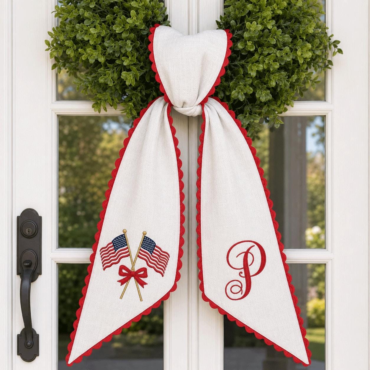 USA Wreath Sash Embroidered Monogram, Ric Rac American Flags Wreath ...