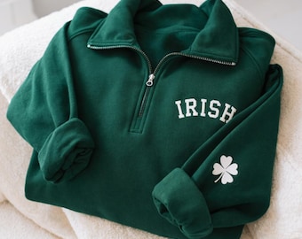 St. Patrick's Day Embroidered Shamrock Quarter Zip Sweatshirt, Irish Pullover