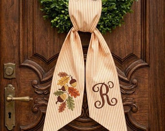 Personalized Fall Wreath Sash, Embroidered Monogram Door Hanger Bow, Autumn Acorn Leaf Wreath Ribbon, Custom Front Door Decor
