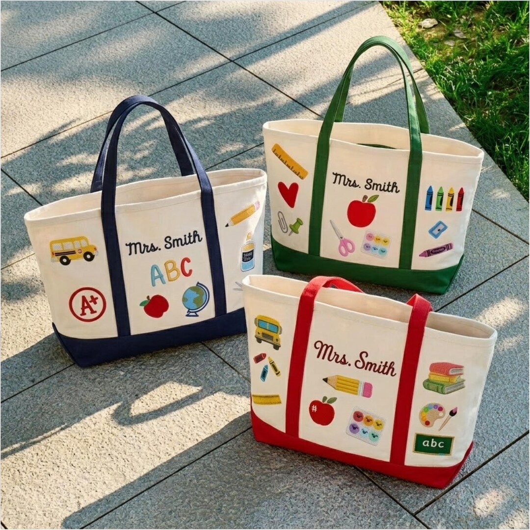 Embroidered Custom Teacher Tote Bag, Personalized Name Teacher Icons ...