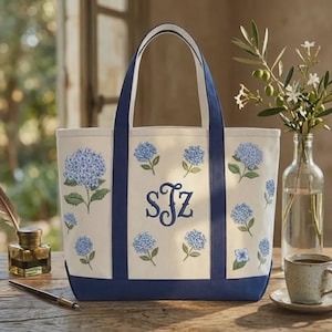 Personalized Hydrangea Boat Tote Bag, Embroidered Monogram Canvas Tote, Custom Floral Beach Bag, Bridesmaid Gift for Women