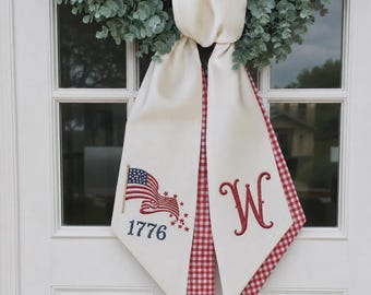 Custom Embroidery Name With Patriotic Double Wreath Sash, USA Wreath Sash Decor, 4th of July Anniversary, Home Decor