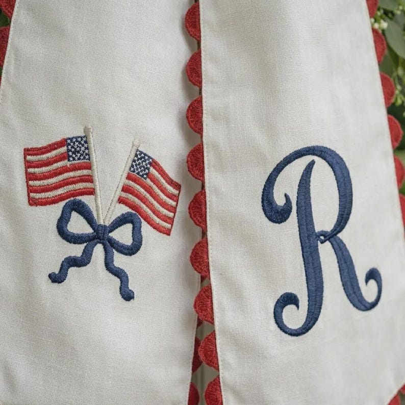 USA Wreath Sash Embroidered Monogram, Ric Rac American Flags Wreath ...