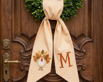 Thanksgiving Wreath Sash, Personalized Turkey Door Bow, Monogram Fall Wreath Bow, Embroidered Front Door Decor Gift