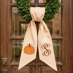 Embroidered Pumpkin Wreath Sash, Fall Monogram Door Ric Rac Bow, Custom Autumn Wreath Ribbon, Custom Initial Thanksgiving Front Door Decor