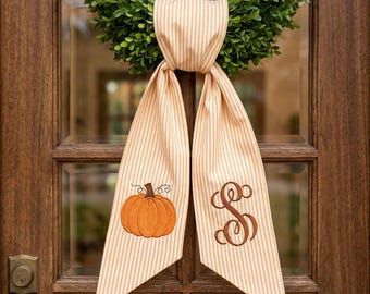 Embroidered Pumpkin Wreath Sash, Fall Monogram Door Ric Rac Bow, Custom Autumn Wreath Ribbon, Custom Initial Thanksgiving Front Door Decor