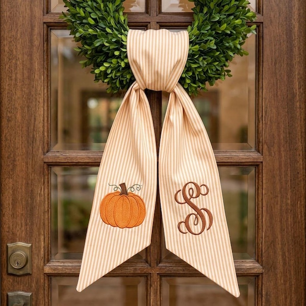 Écharpe brodée en forme de couronne de citrouille, nœud de porte monogrammé d'automne, ruban personnalisé pour couronne d'automne, décoration de porte d'entrée personnalisée pour Thanksgiving avec initiale