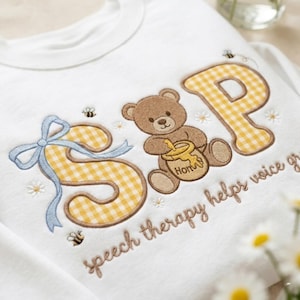 Gingham SLP Applique Embroidered Sweatshirt, Cute SLP Crewneck, Speech Therapy Sweater, SLP Gifs