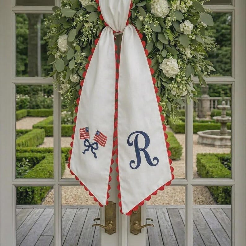 USA Wreath Sash Embroidered Monogram, Ric Rac American Flags Wreath ...