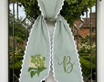Hydrangea Wreath Sash, Embroidered Door Decor, Ticking Stripe Front Porch Wreath Bow