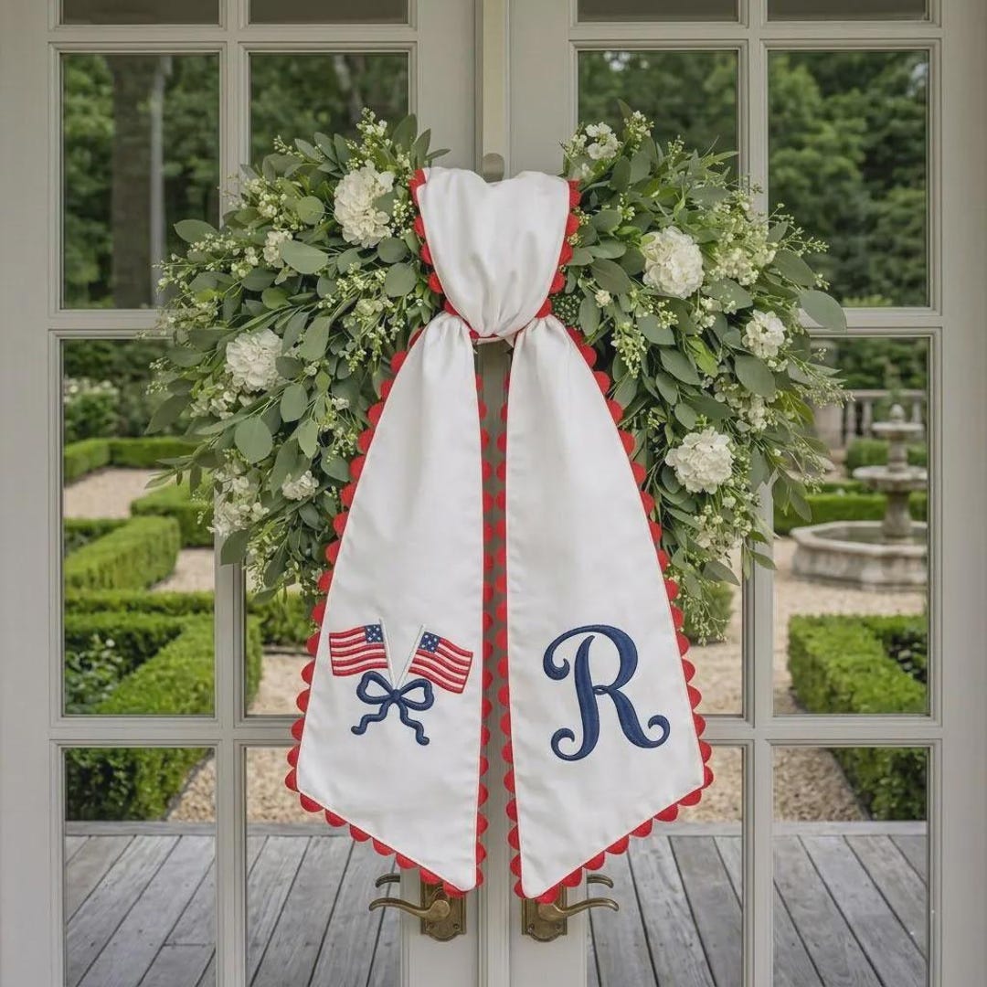 USA Wreath Sash Embroidered Monogram, Ric Rac American Flags Wreath ...