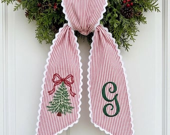 Personalized Christmas Tree Wreath Sash, Stripe Front Door Ric Rac Bow, Embroidered Holiday Decor, Christmas Front Door Decor, Xmas Gift