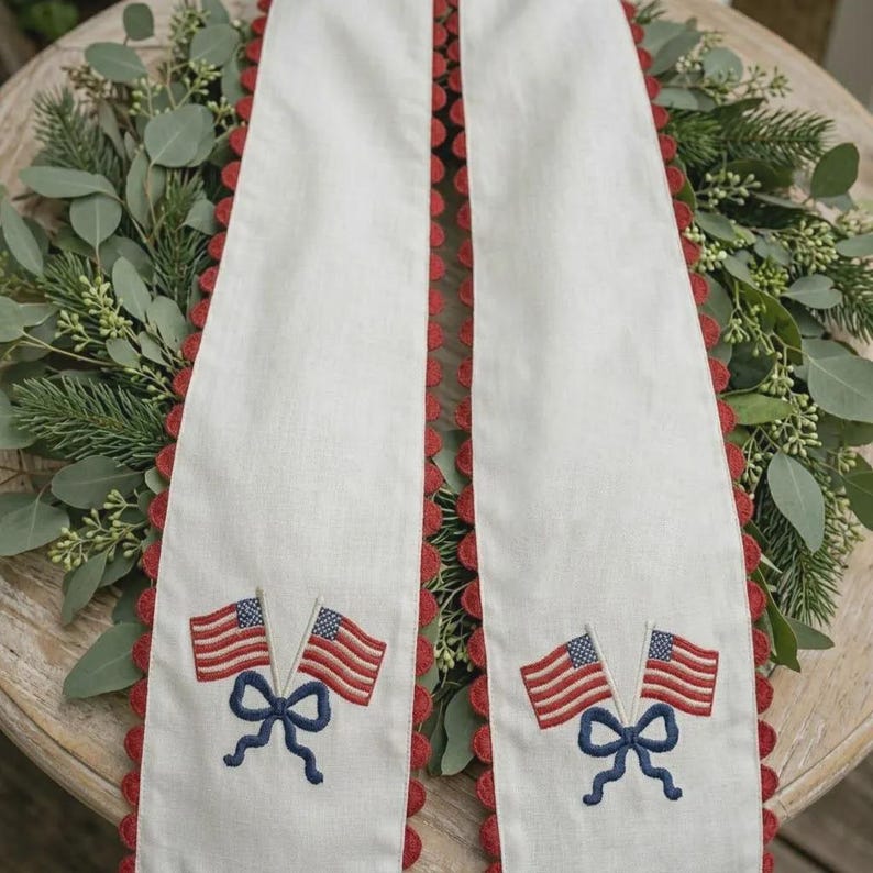USA Wreath Sash Embroidered Monogram, Ric Rac American Flags Wreath ...