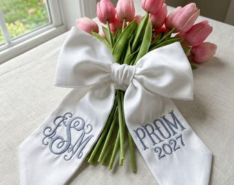Custom Prom Bouquet Ribbon 2027, Personalized Monogram White/Striped Floral Wrap, Prom Keepsake