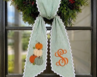 Embroidered Monogram Fall Sash, Sage Green Ticking Stripe Wreath Bow with Pumpkins, Autumn Harvest Front Door Decor