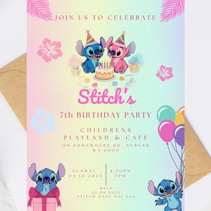 Stitch Birthday invitation, Stitch Party Invite, Editable Canva Template, Digital Printable Download, Angel & Stitch, Experiment 624