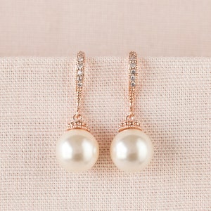 Rose Gold Bridal Earrings, Classic Pearl Wedding Earrings, Pearl Drop Bridesmaid earrings, Swarovski Pearl drop Earrings, Nova Pearl Jewelry image 10