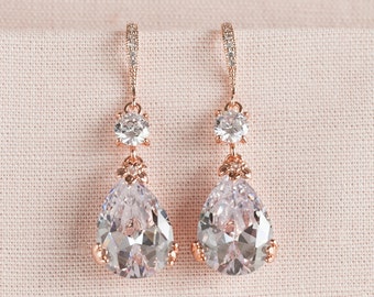 Rose Gold Bridal Earrings, Drop Wedding Earrings, Swarovski, Bridesmaids Jewelry, Megan Bridal Earrings