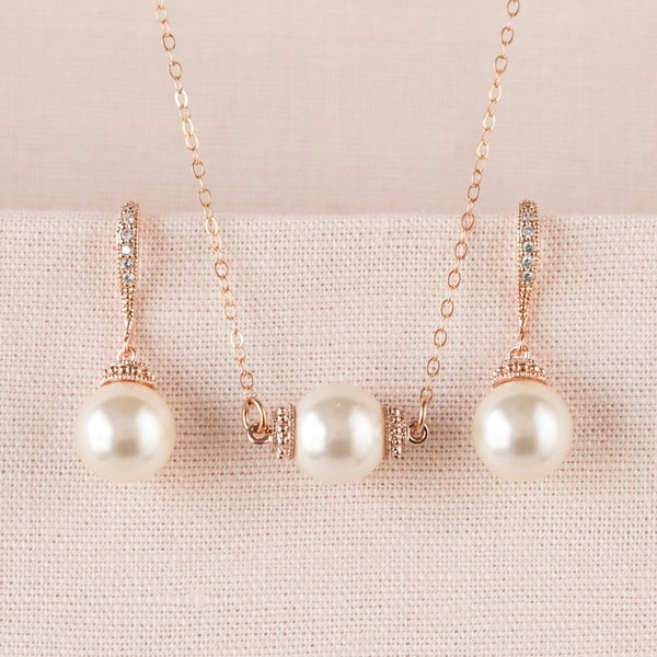 Rose gold Bridal Jewelry,  Pearl Wedding jewelry,  Simple Pearl , Sterling Silver, Rose Gold, Bridesmaid Jewelry, Mila Jewelry SET